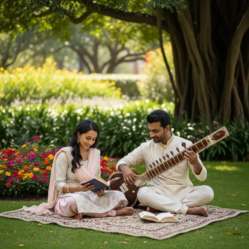 Indian Couples Relaxing in a Serene Garden Indian Couples Relaxing in a Serene Garden