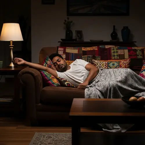 Tranquil Scene: South Asian Male Sleeping on Cozy Brown Couch