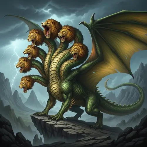 Realistic Dragon with Seven Lion-Like Heads