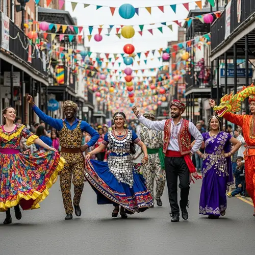 Vibrant Street Scene at Folklore Festival with Diverse Dancers