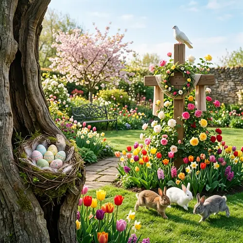 Easter Garden Scene - Beautiful View with Tulips, Easter Eggs, and Cross