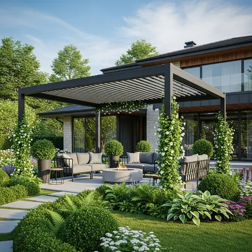 Luxurious Matte Black Aluminum Pergola in Lush Garden