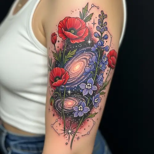 Cosmic Poppy and Larkspur Flower Tattoo Design