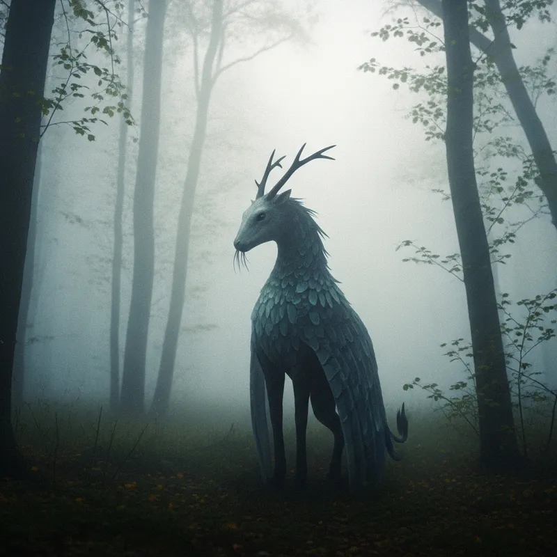 Mystical Creature in Foggy Forest - Impressionist Art