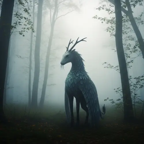 Mystical Creature in Foggy Forest - Impressionist Art