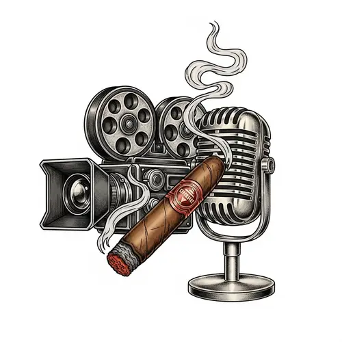 Realistic Cinematic Logo Design with Camera, Cigar & Microphone