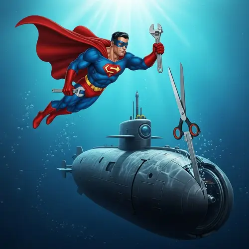 Superhero Flying to Underwater Submarine with Wrench and Caliper