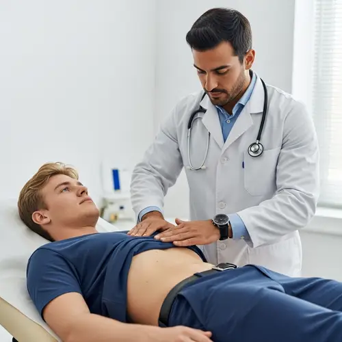 Professional Male Doctor Conducts Abdominal Examination on Young Blonde Man