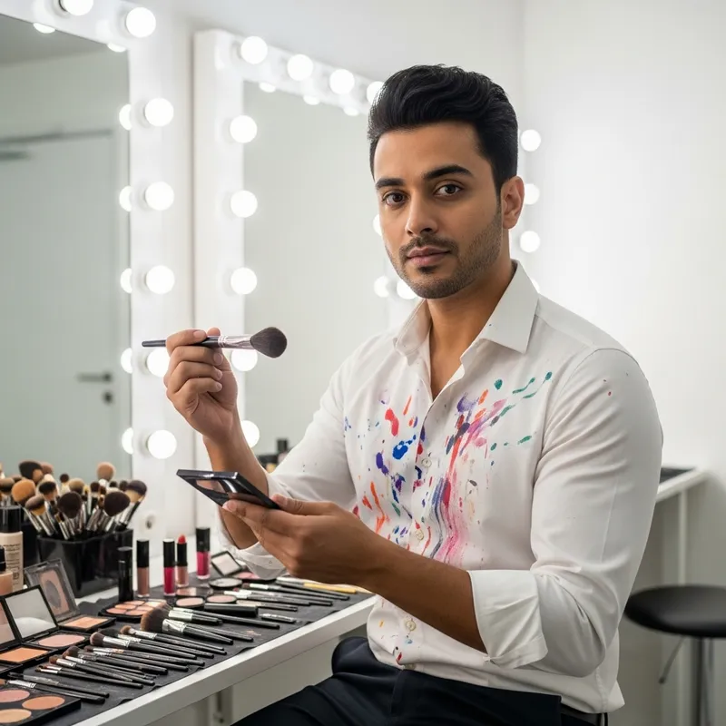 Exhausted South Asian Makeup Artist in Modern Studio