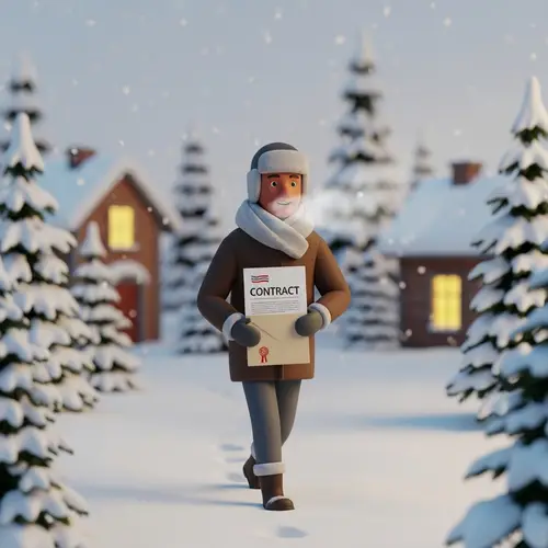 Winter Courier Delivering Sealed Contract Envelope in Snowy Landscape