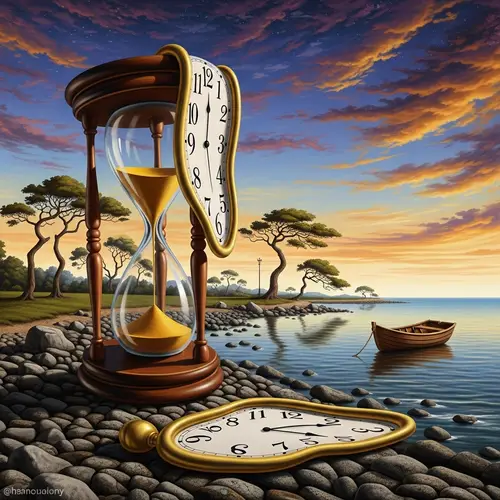 Surrealistic Timepiece Art: Dream-Like Hourglass Scene