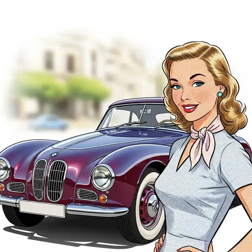 Caucasian Fair-Haired Woman with Blue Eyes Posing by Vintage BMW Car