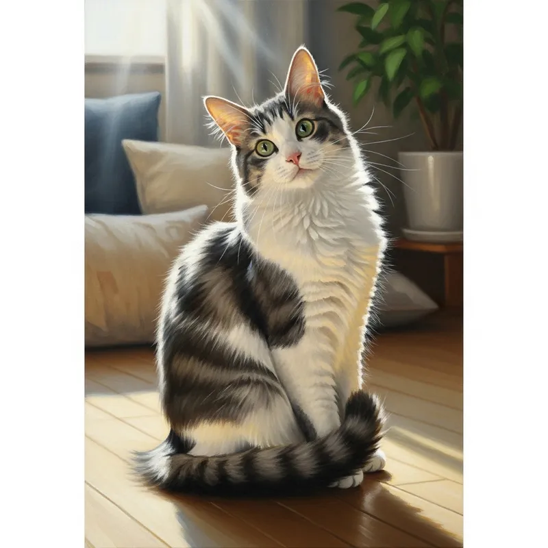 White and Grey Domestic Medium-Haired Cat Portrait