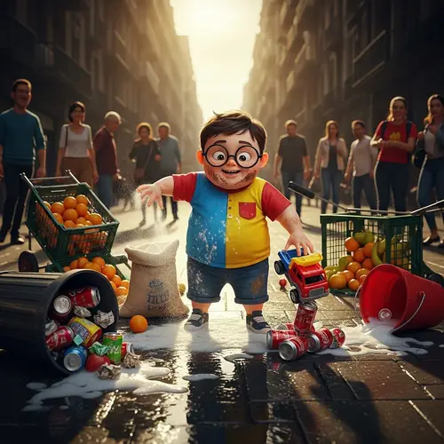 Chubby Boy with Glasses Causing Street Mess