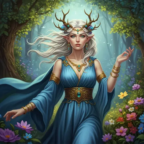 Mystical Half-Elf Druid with Ethereal Beauty in Nature Painting