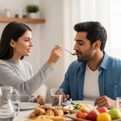 Intimate Multicultural Couple Sharing Home-Cooked Meal