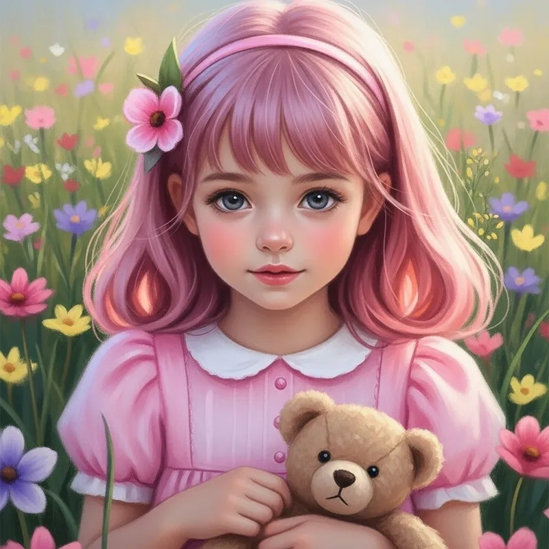 Whimsical Fairy Tale Girl with Pink Hair and Teddy Bear