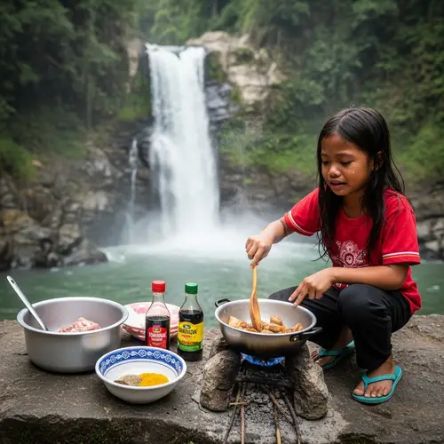 Filipino Girl Preparing Adobo with Majestic Waterfall Backdrop
