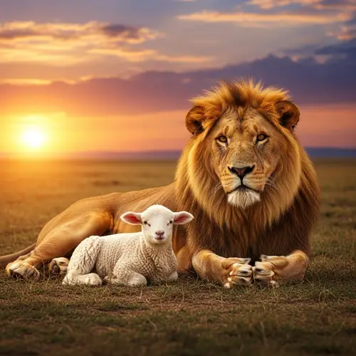 Majestic Lion and Tranquil Lamb on Sun-Warmed Savanna