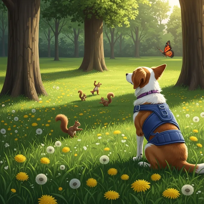 Tranquil Scene of a Dog Watching Squirrels in Sunlit Park