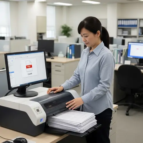 High-Speed Document Scanner: Professional Asian Woman in Office