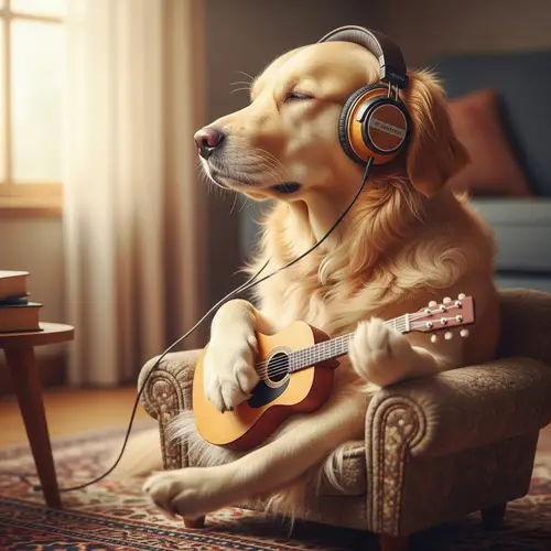 Adorable Dog Listening to Music and Playing Guitar