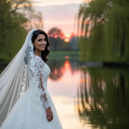 South Asian Bride in White Wedding Gown by Water | Special Day Joy