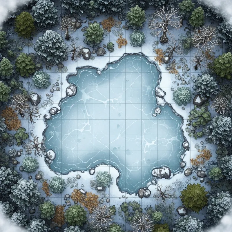 D&D Game Map: Icy Pond Grid & Frozen Forest Encircling D&D Game Map: Icy Pond Grid & Frozen Forest Encircling