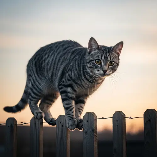 Agile Tabby Cat Balancing on Fence | Enchanting Sunset Scene