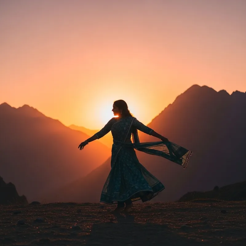 Dancing Girl at Sunset with Mountain Backdrop