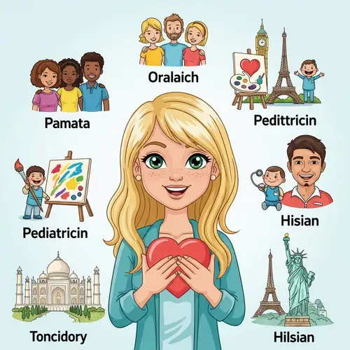 Joyful Caucasian Girl Surrounded by Diverse Representation of Happiness