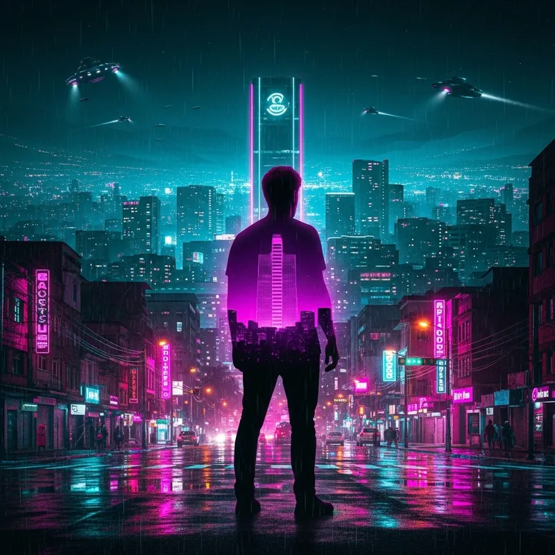 Synthwave Journey: Man's Reflection in Neon-Lit Medellín
