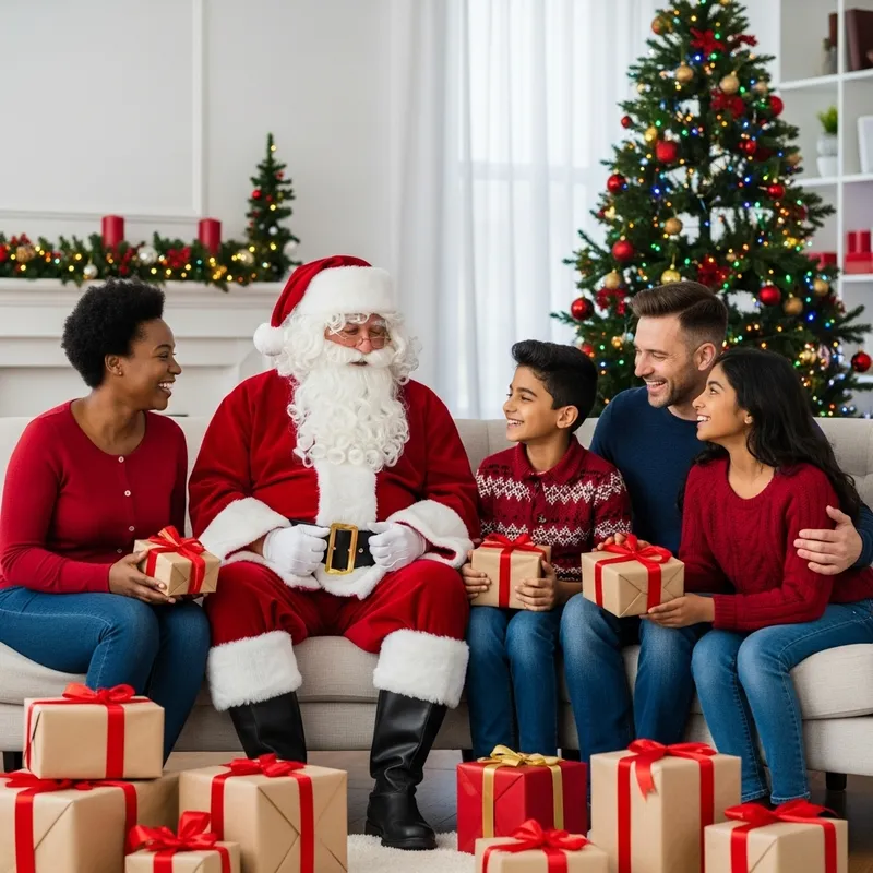 Celebrating Christmas: Santa Claus Joyful Moments with Family in Festively Decorated Living Room