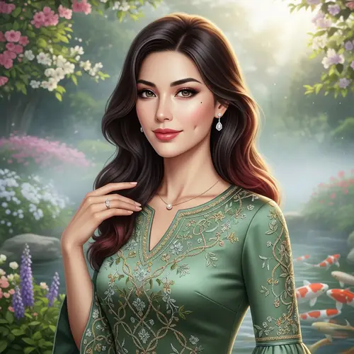 Elegant Woman in High Fashion Dress | Serene Garden Setting