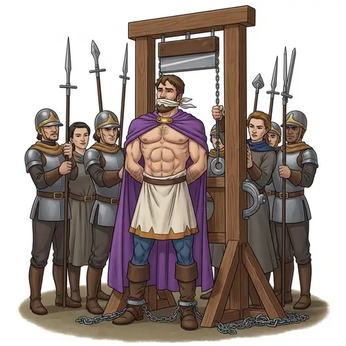 Muscular Prince Gagged and Shackled: Execution by Guillotine