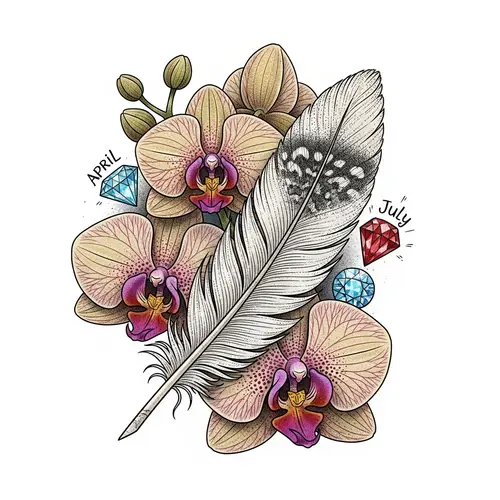 Nature-themed Orchids and Feather Tattoo Design