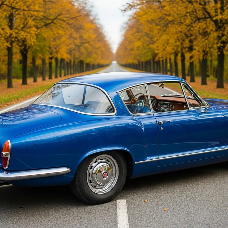 Vintage Cobalt Blue Car in Autumn Setting