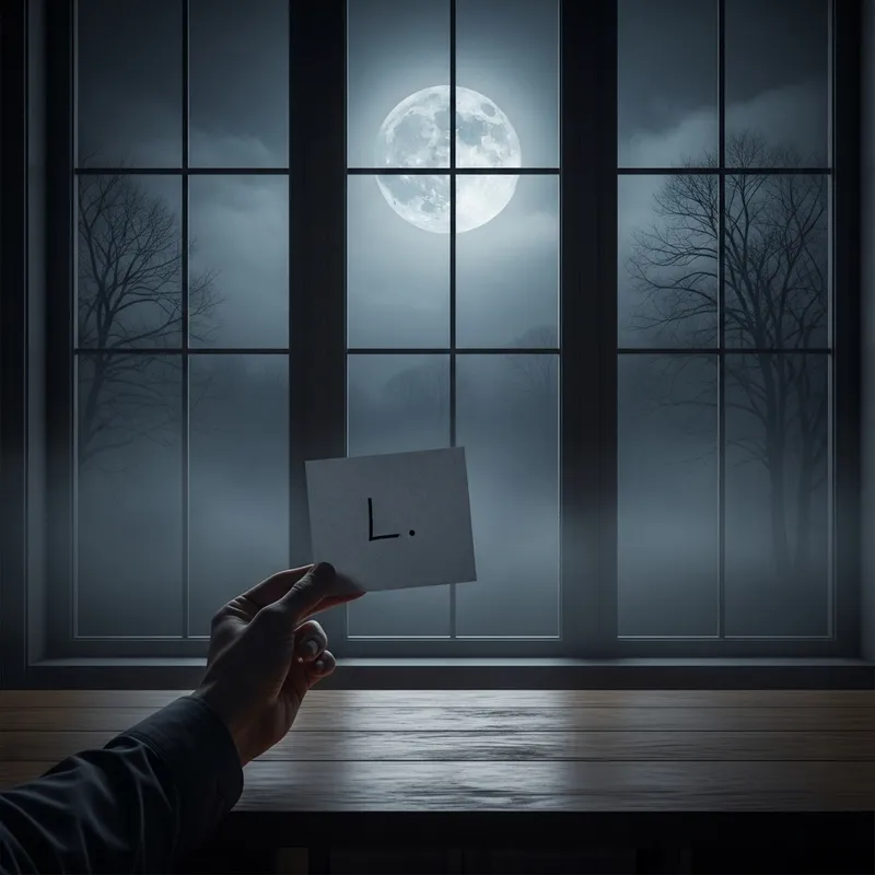 Eerie Hand Holding 'L' Paper - Dark Moonlit Art