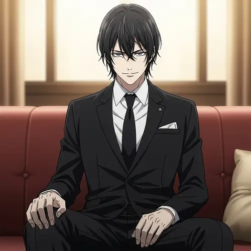 Sophisticated Man in Black Suit on Plush Couch