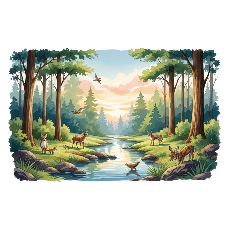 Natural Watercolor: Tranquil Forest & Wildlife Harmony