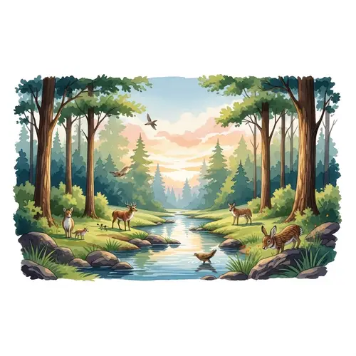Tranquil Watercolor Scene: Serene Forest & Wildlife Harmony