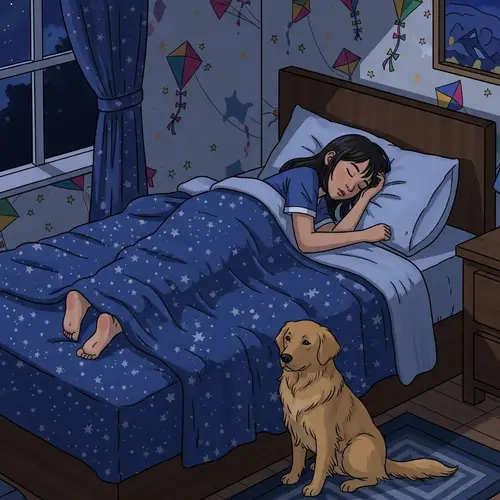 Tranquil Night Scene: Sleeping Asian Girl with Golden Retriever