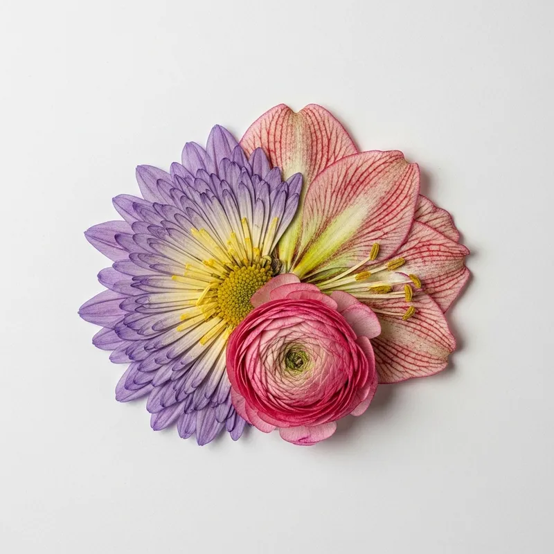 Pressed Chimera Flower: Chrysanthemum, Amaryllis & Ranunculus Top View Photo