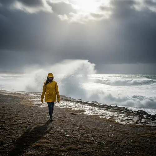 Solitary Hispanic Woman Walking Near Turbulent Sea in Stormy Weather