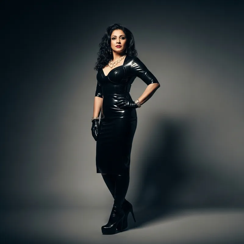 Empowered Indian Woman in Form-Fitting Latex Dress | Confident Studio Portrait