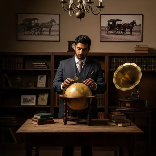 Historical Vintage Scene: South Asian Man in Victorian Suit Examining Antique Globe