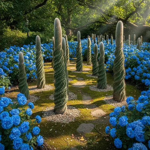 Spiral Cacti Garden with Blue Roses | Unique Flora Landscape