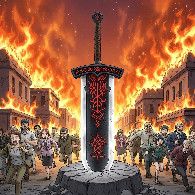 Imposing Black Broadsword in Stone with Red Runes & Flaming Buildings