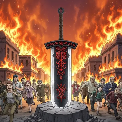 Mystical Black Broadsword Stuck in Stone with Red Runes