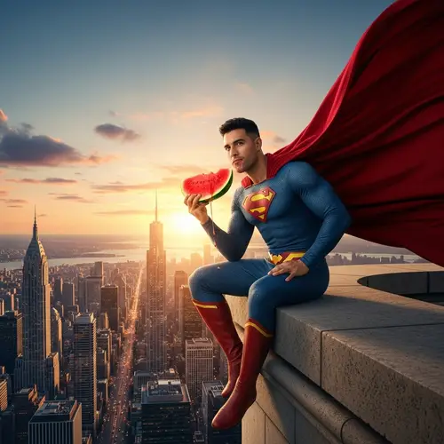Hispanic Male Superhero Enjoying Watermelon on City Rooftop
